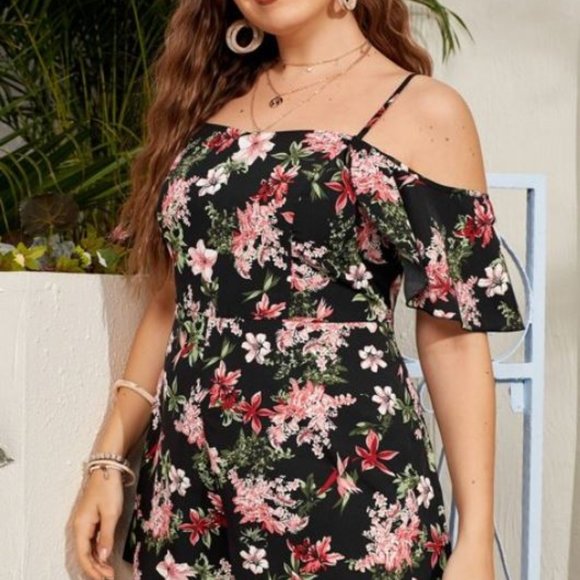 Plus Floral Print Cold Shoulder Romper